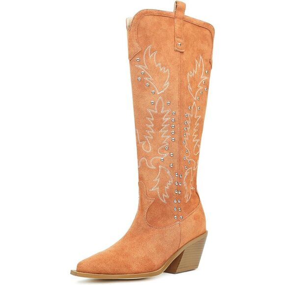 Women Faux Suede Tan Thick Heels Pointed toe Studs Embroider Rivets Riding Boots - Picture 2 of 8